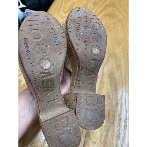 Chocolat Blu Golden Platform Sandals Women's 7.5 Brown Leather Block Heel S64 - Picture 5 of 5